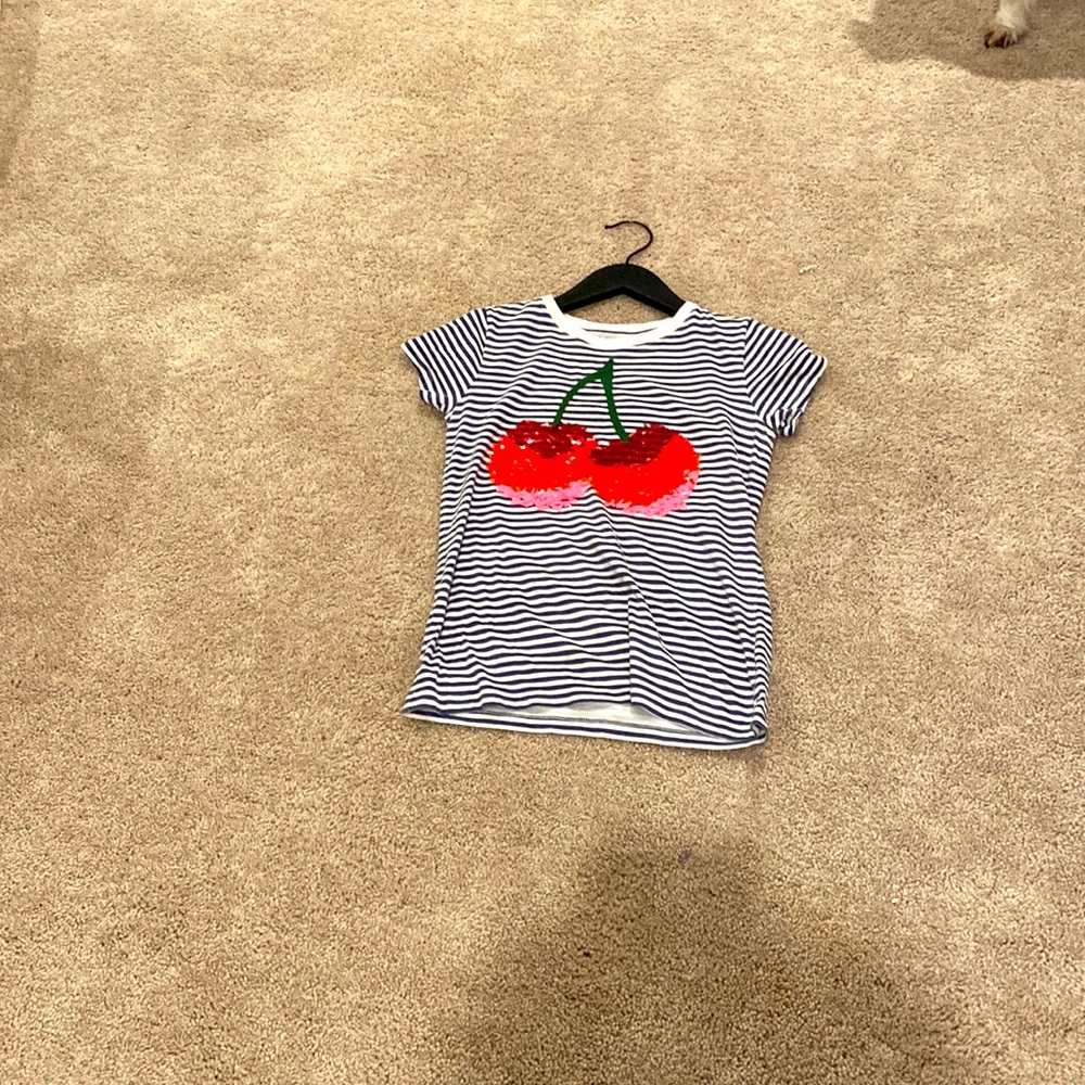 J.Crew shirt. Sequined cherries in front of shirt.